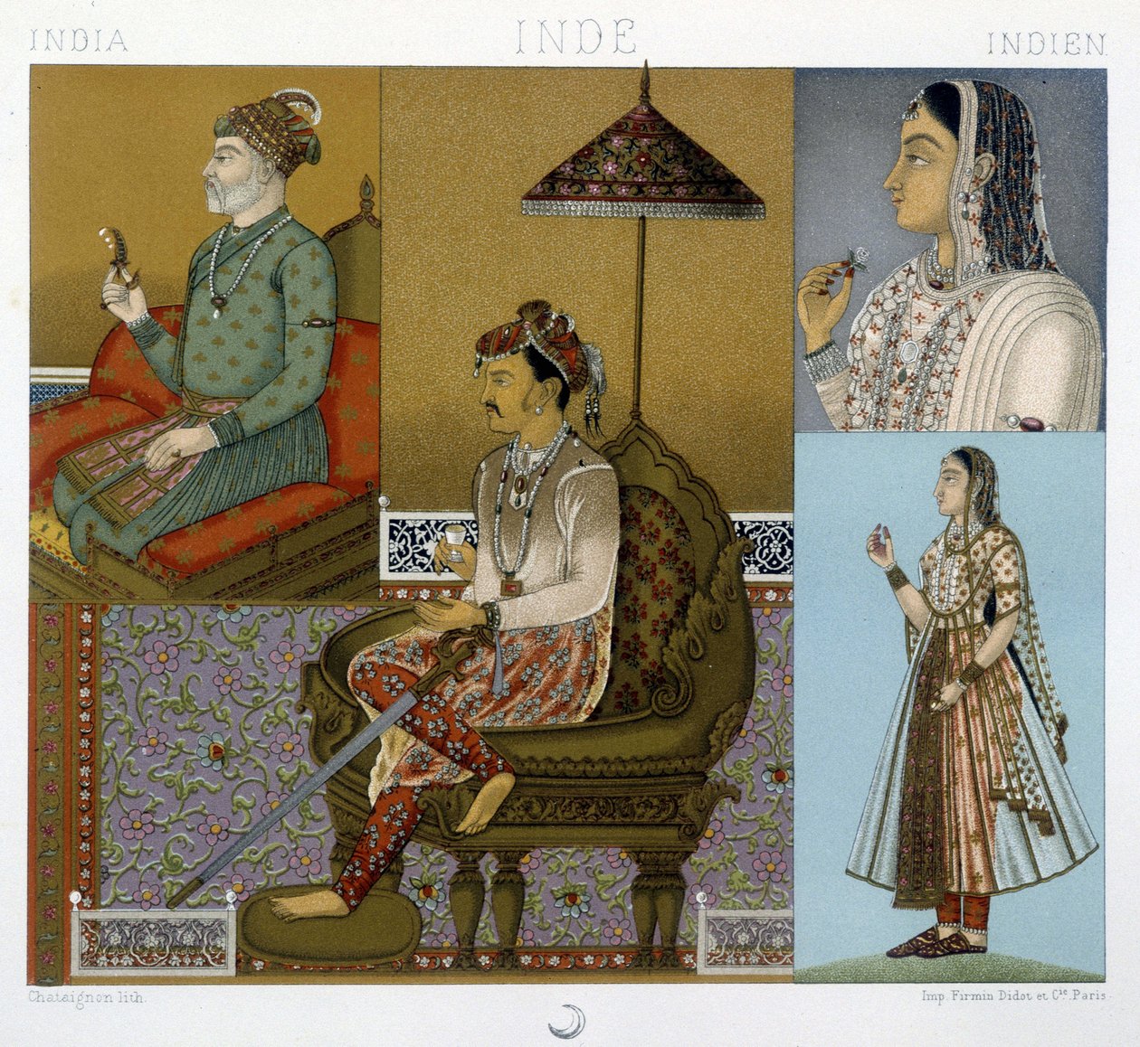 Tradisjonelle Mugoler og Maharajah-kostymer i India - i "" Den historiske drakten"" av Racinet av Albert Charles August Racinet