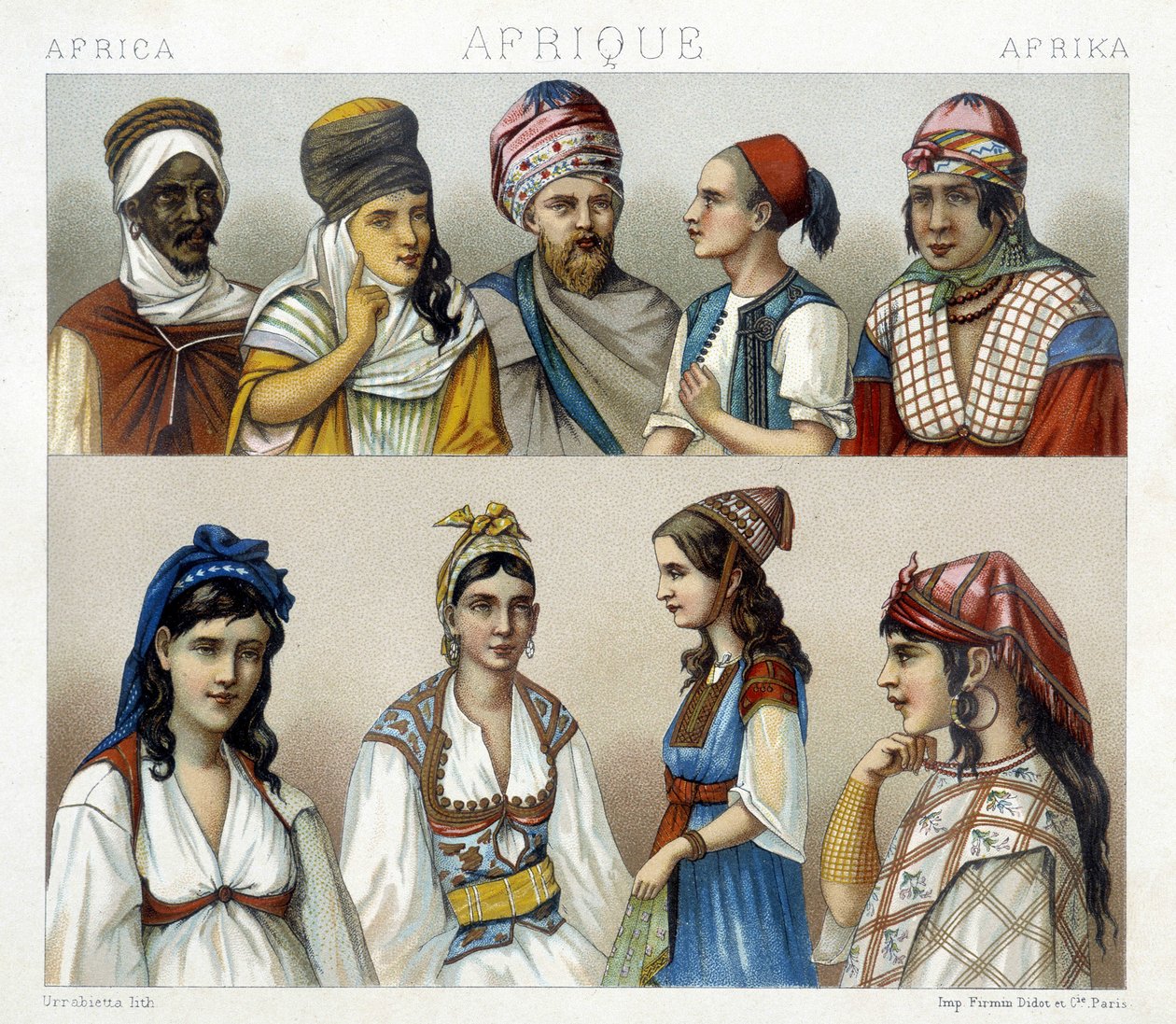 Tradisjonelle kostymer og hodeplagg av menn og kvinner i Algerie. Illustrasjon i "" Le costume historique"" av Racinet av Albert Charles August Racinet
