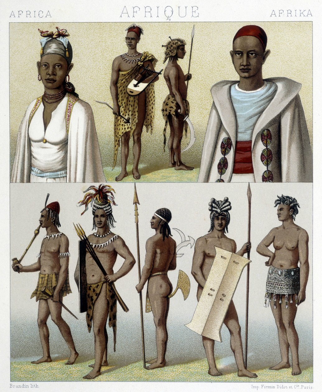 Tradisjonelle drakter og smykker fra Timbuktu og Øvre Nilen. Illustrasjon i "" Le costume historique"" av Racinet av Albert Charles August Racinet
