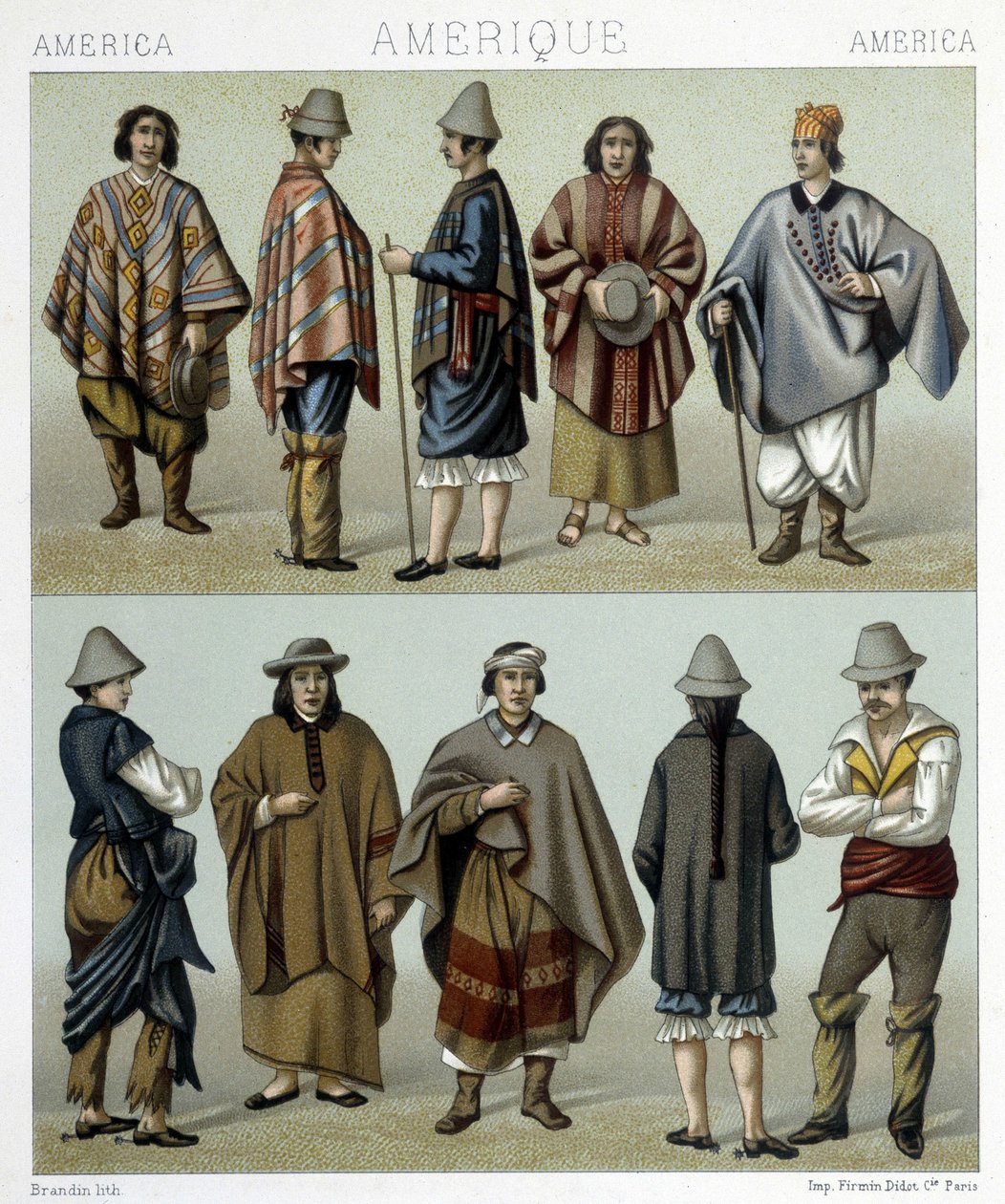 Tradisjonelle kostymer fra Chile. Illustrasjon i "Den historiske drakten" av Racinet av Albert Charles August Racinet