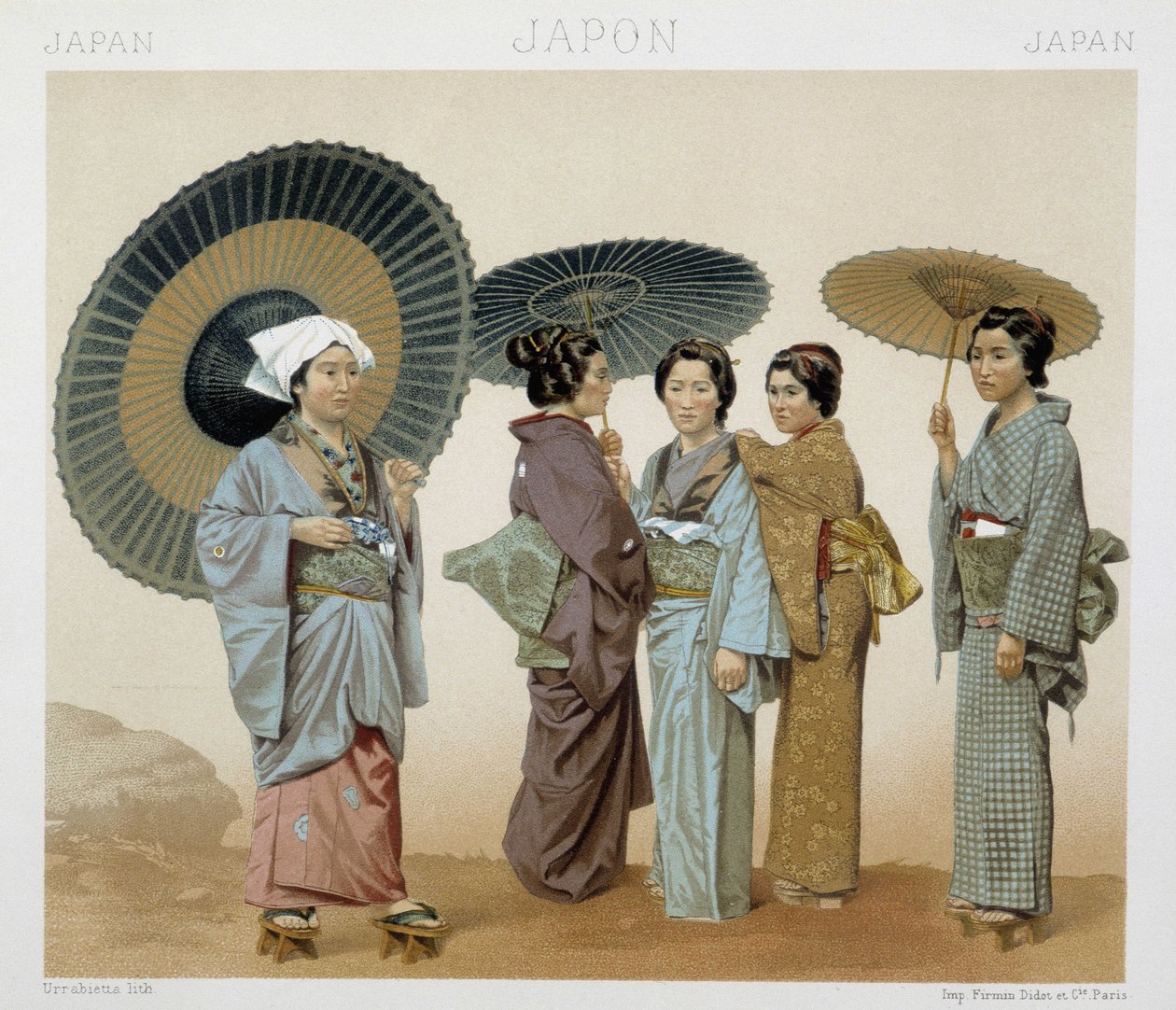 Tradisjonelle kostymer av japanske kvinner. Illustrasjon i "" Le costume historique"" av Racinet av Albert Charles August Racinet