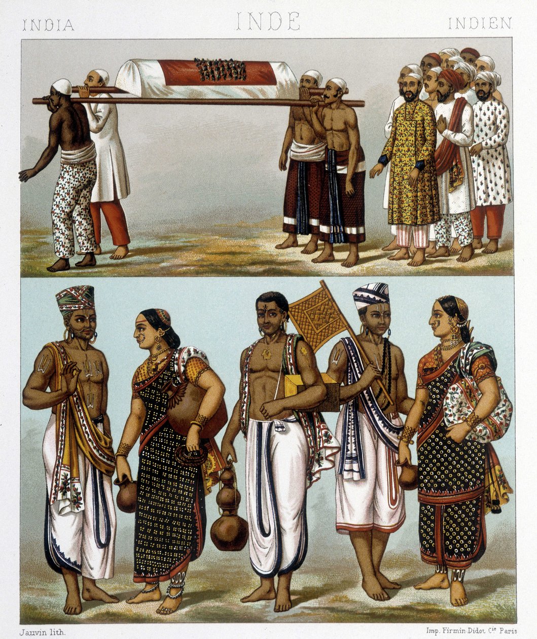 Tradisjonelle drakter av muslimer (øverst på bildet) og hinduer (nederst) som bor i India. Illustrasjon i "" Le costume historique"" av Racinet av Albert Charles August Racinet