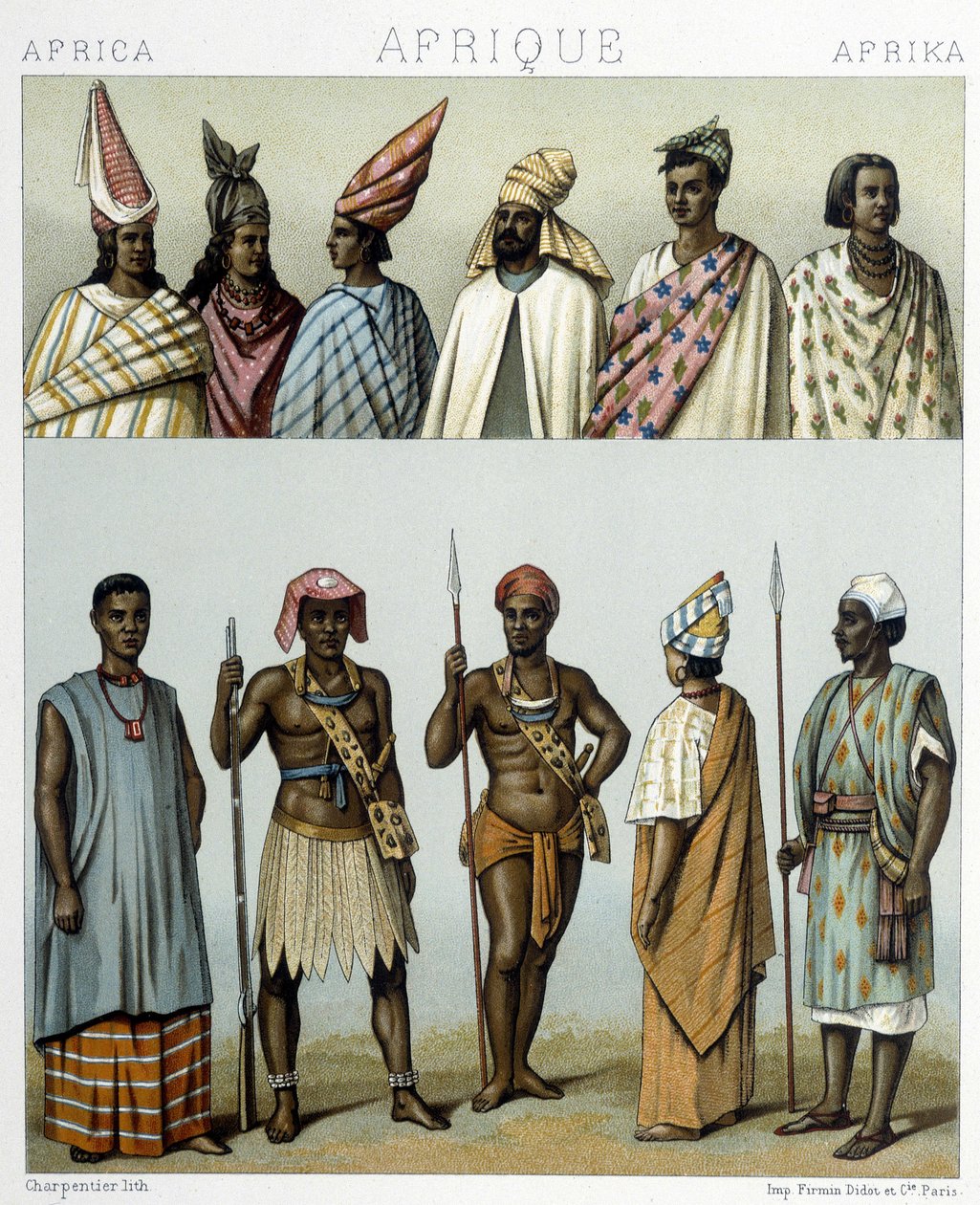 Tradisjonelle kostymer fra Senegal. Illustrasjon i "Le costume historique"" av Racinet av Albert Charles August Racinet