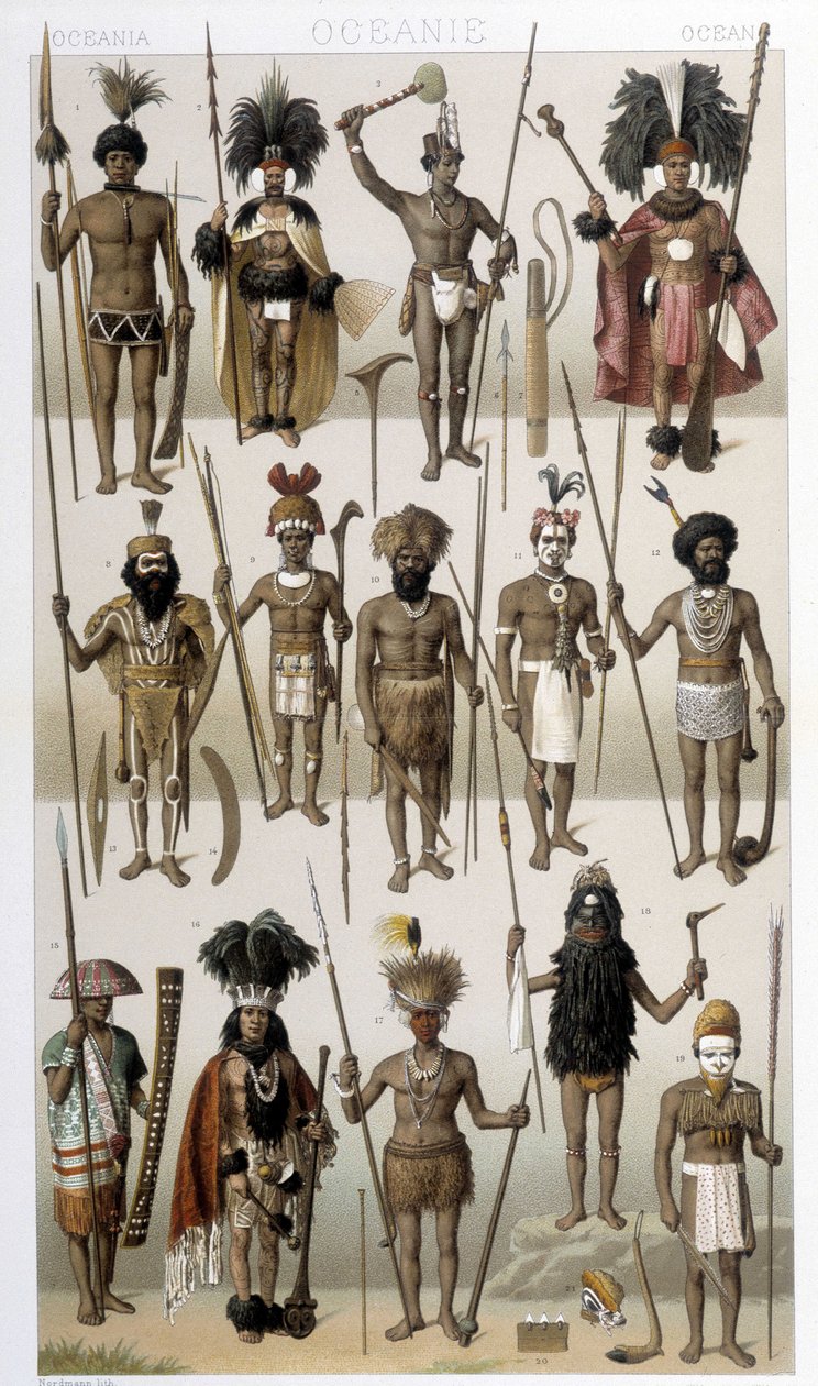 Tradisjonelle kostymer til urbefolkningen i Oseania. Illustrasjon i "" Le costume historique"" av Racinet av Albert Charles August Racinet