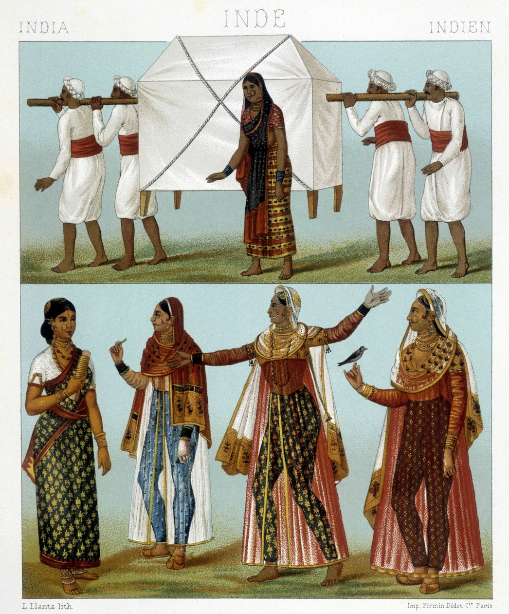 Transport og tradisjonelle feminine kostymer. Illustrasjon i "" Le costume historique"" av Racinet av Albert Charles August Racinet