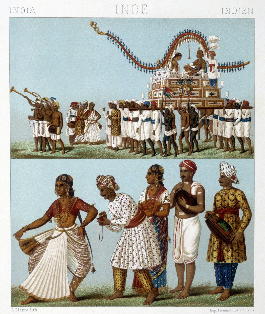 Transport, musikk, dans og tradisjonelle kostymer i India. Illustrasjon i "" Le costume historique"" av Racinet av Albert Charles August Racinet