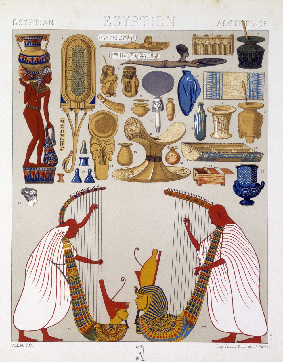 Ulike antikke gjenstander fra Egypt - i "" Den historiske drakten"" av Racinet av Albert Charles August Racinet