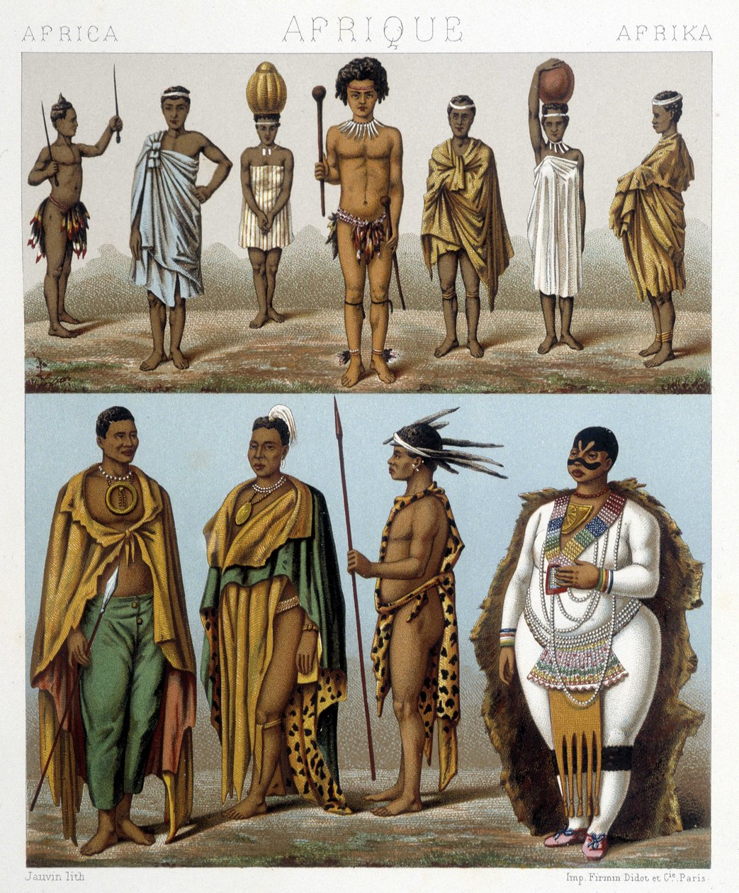 Ulike menn fra Sør-Afrika. Illustrasjon i "Le costume historique"" av Racinet av Albert Charles August Racinet