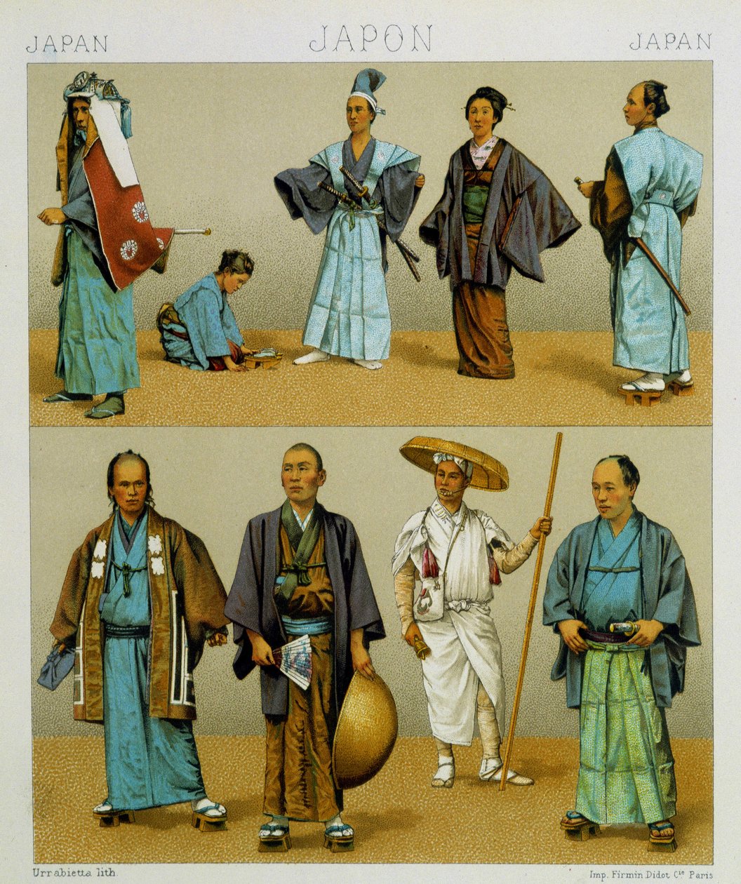 Ulike tradisjonelle japanske herrekostymer inkludert kimono. Kromolitografisk plate - i "" Le costume historique"" av Racinet av Albert Charles August Racinet