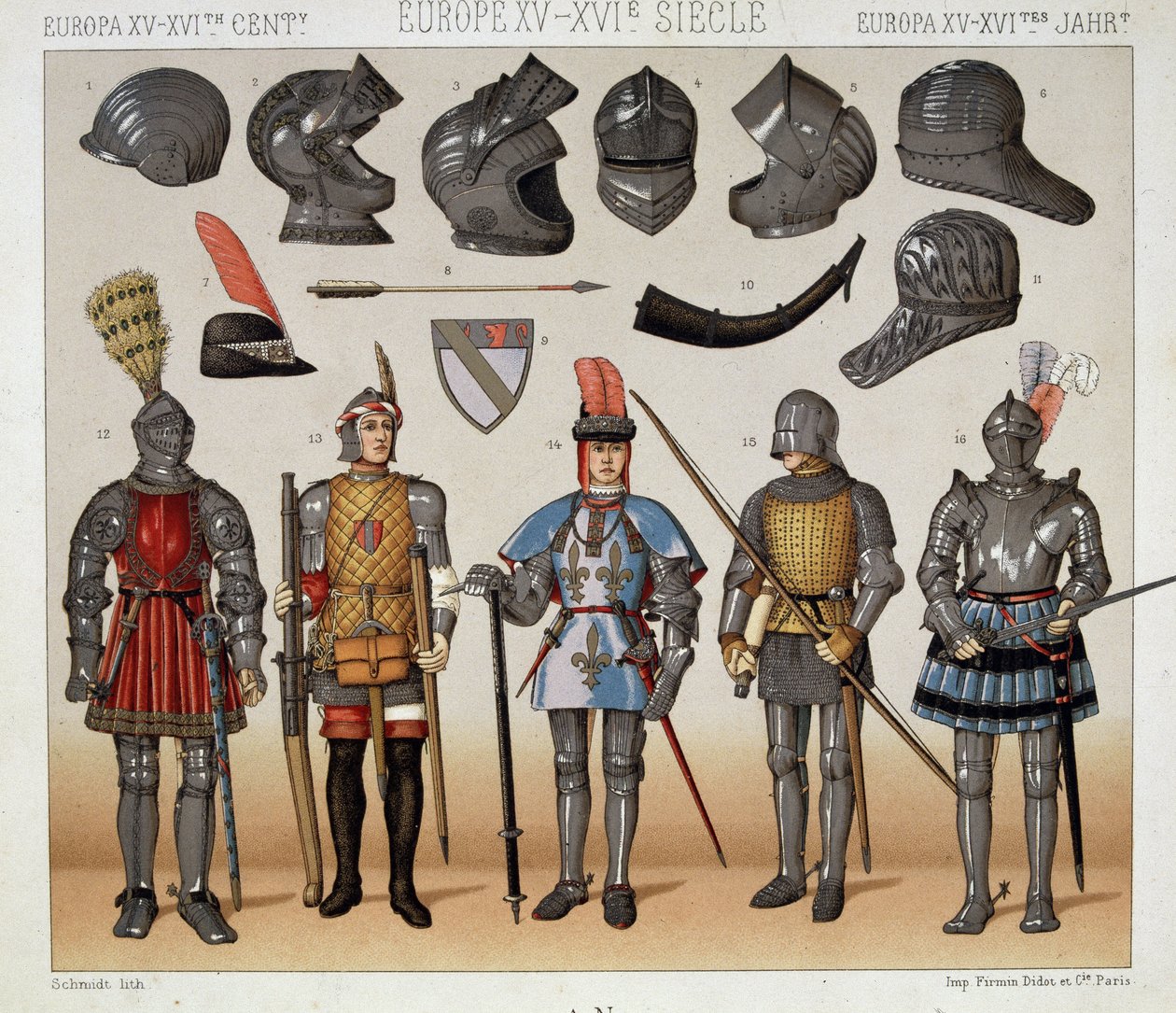 Krigere på 1400- og 1600-tallet - i "" Le costume historique"" av Racinet av Albert Charles August Racinet
