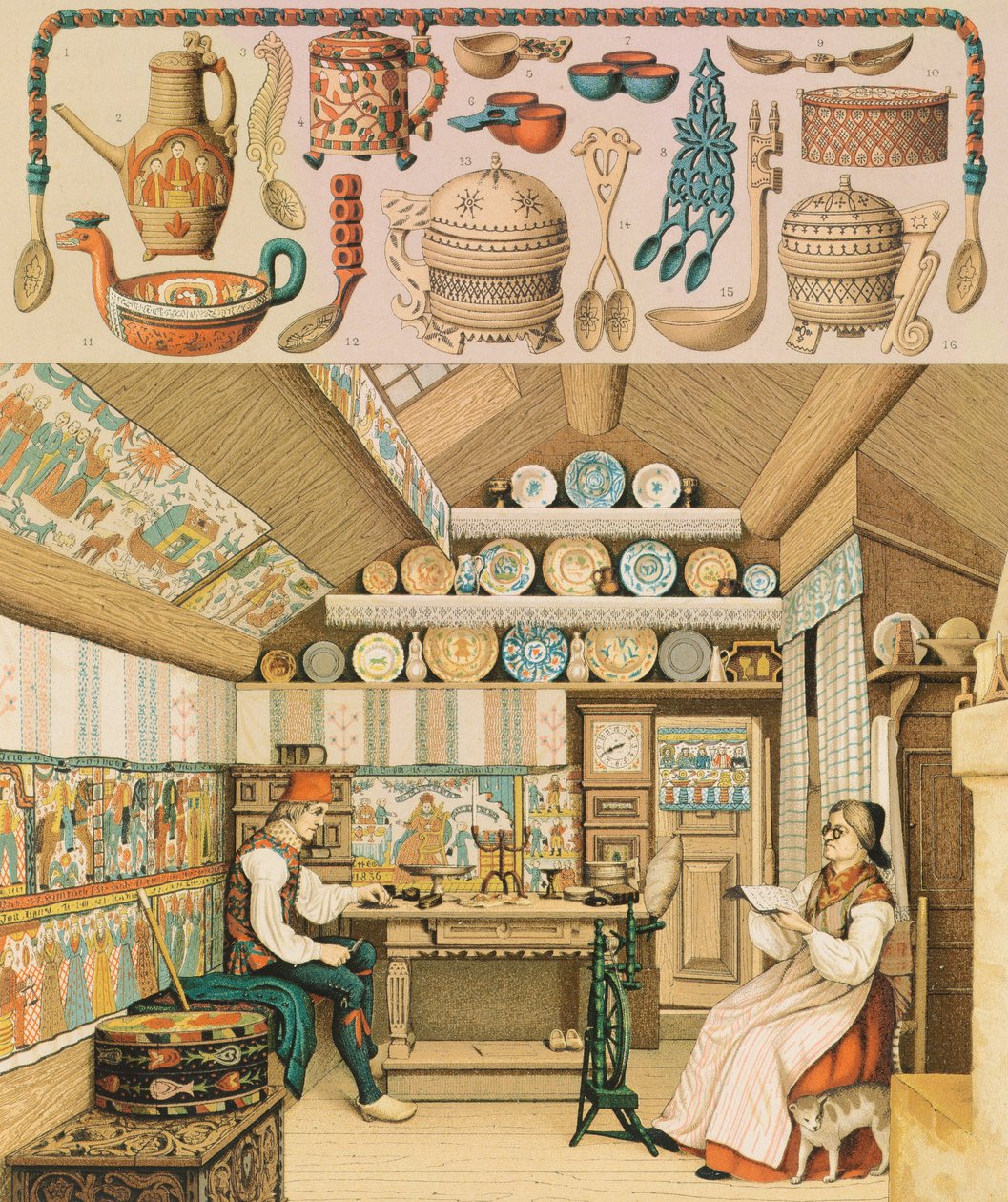 Trehus i Sverige, illustrasjon fra The Complete Costume History av Racinet Auguste av Albert Charles August Racinet