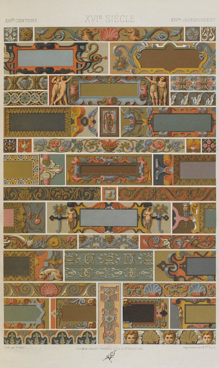 XVI Century, plate 71 fra Polychromatic Ornament: One Hundred Plates in Gold, Silver and Colours, 1873 av Albert Charles August Racinet