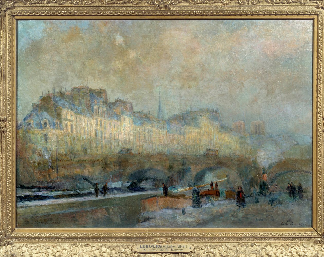 Paris, La Monnaie-slusen, vintersol eller utsikt over Pont-Neuf og Île de la Cite-maleri av Albert Lebourg (1849-1928). 1800-tallet. Sol. 0,815 x 1,155 Musee d