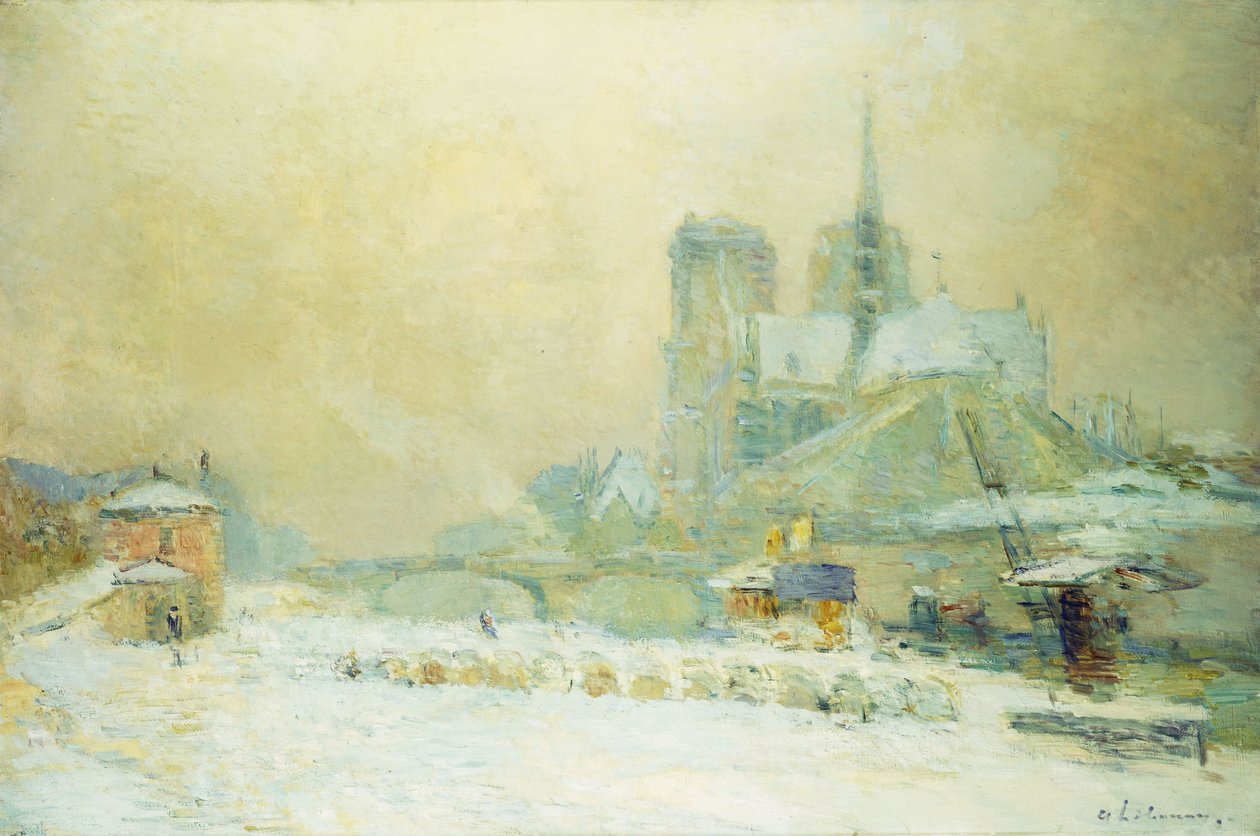 Utsikt over Notre Dame, Paris, fra Quai de la Tournelle: Snøeffekt; Notre Dame de Paris, Utsikt fra Quai de la Tournelle, Snøeffekt, av Albert Charles Lebourg