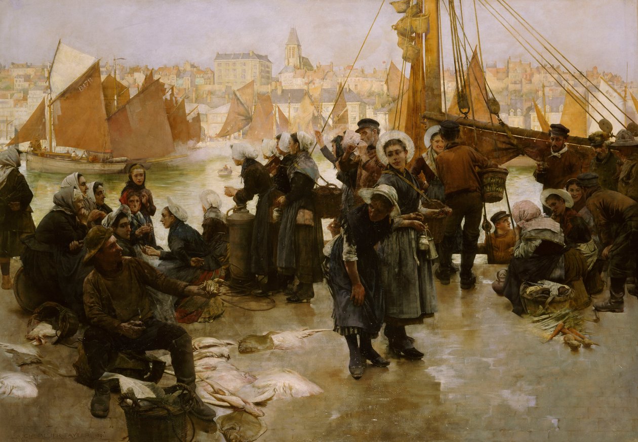 Fiskeflåtens avgang, Boulogne, 1891 av Albert Chevallier Tayler