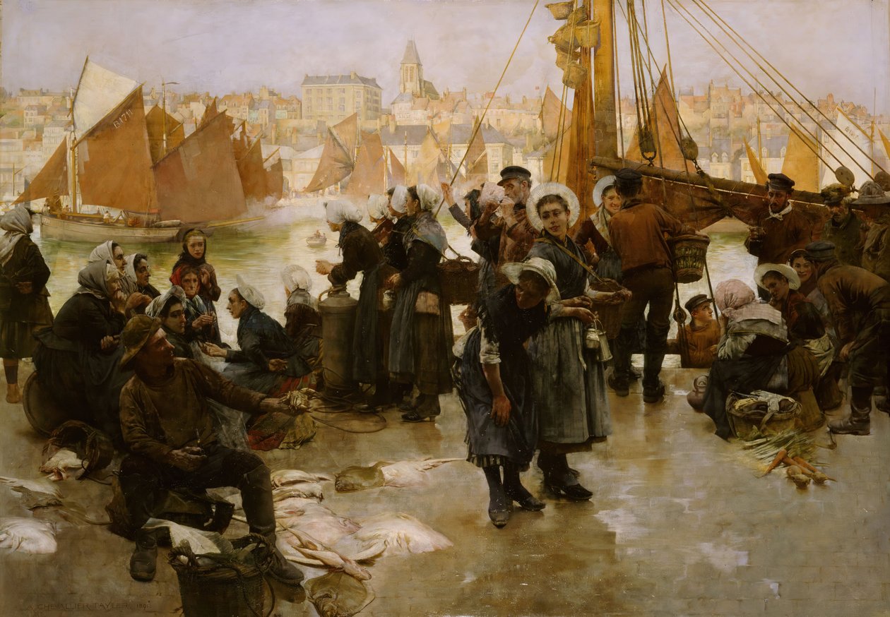 Fiskeflåtens avgang, Boulogne, 1891. av Albert Chevallier Tayler