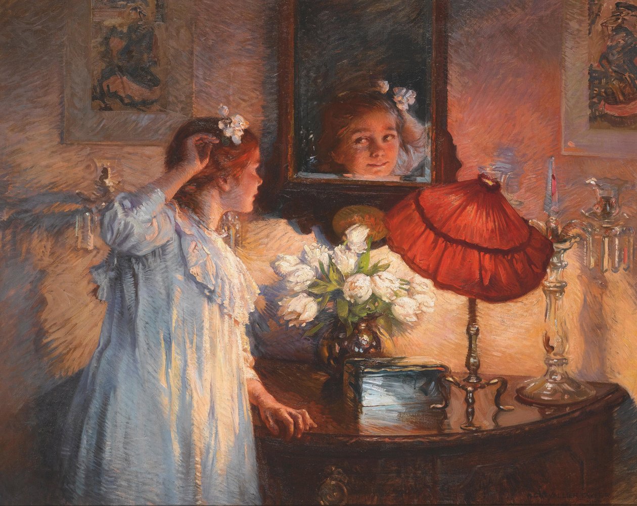 The Mirror - Albert Chevallier Tayler (1862-1925). Olje på lerret av Albert Chevallier Tayler