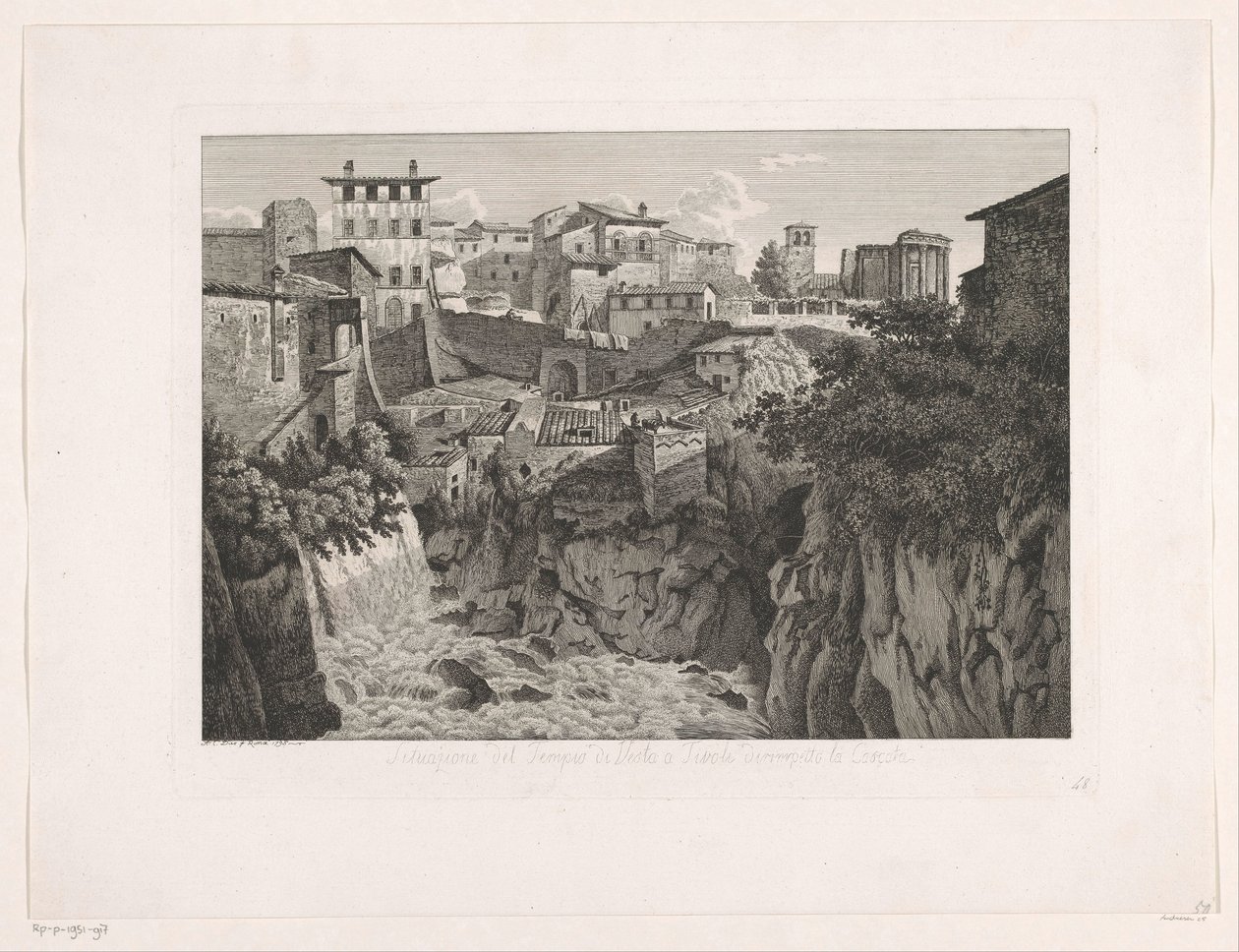 Utsikt over Tivoli, med Vesta-tempelet i det fjerne Situazione del Tempio di Vesta a Tivoli dirimpetto la Cascata (tittel på objekt) Malay radirte Prospekte aus Italien (serietittel) av Albert Christoph Dies