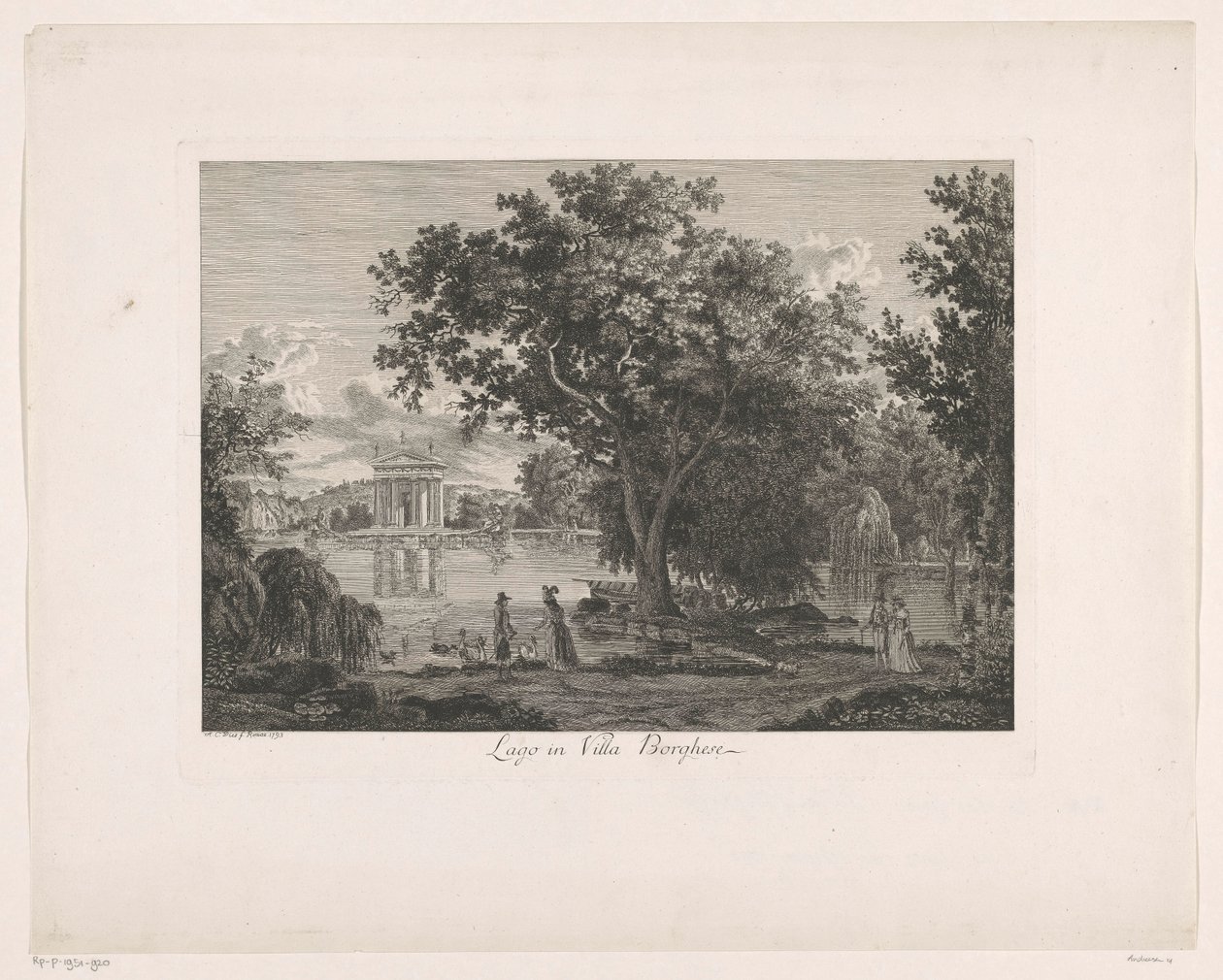 Utsikt over innsjøen ved Villa Borghese Lago ved Villa Borghese (tittel på objekt) Malay Radirte Prospekte aus Italien (serietittel) av Albert Christoph Dies