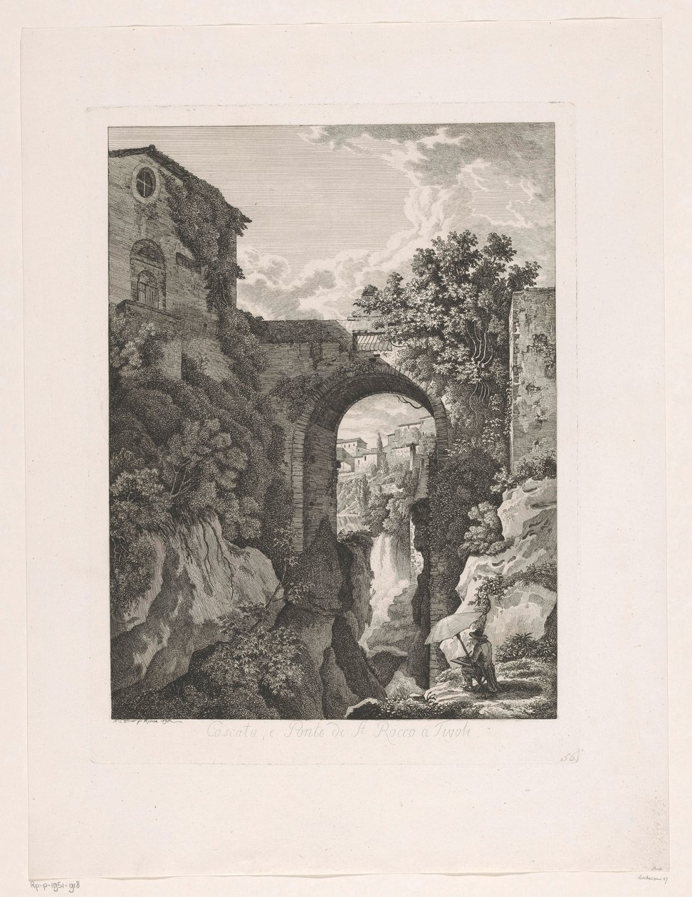 Foss nær San Rocco-broen i Tivoli Cascata, og Ponte di St. Rocco a Tivoli (tittel på objekt) Pittoreske etsede brosjyrer fra Italia (serietittel) av Albert Christoph Dies