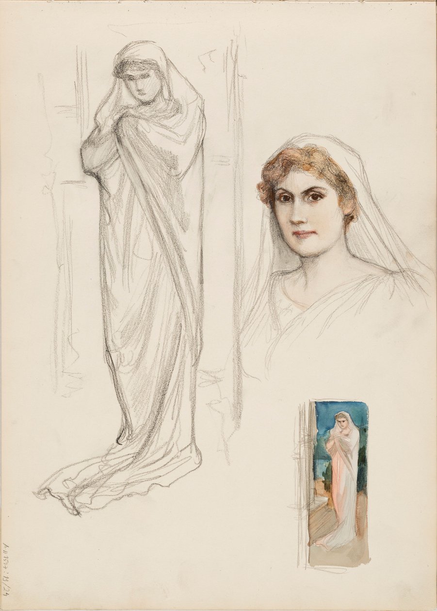 Aino Ackté som Alcestis, skisse av ansiktet og to helkroppsskisser av Albert Edelfelt