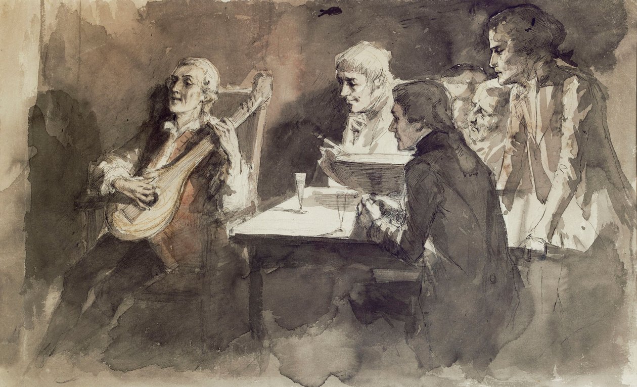 «Bellman synger for vennene sine for siste gang», studie av Albert Edelfelt