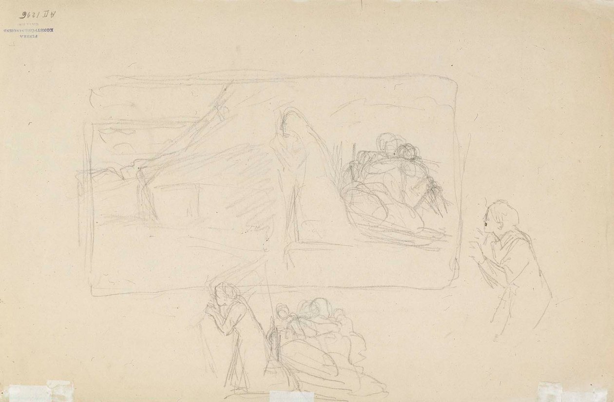 Nedbrent landsby, skisse av Albert Edelfelt