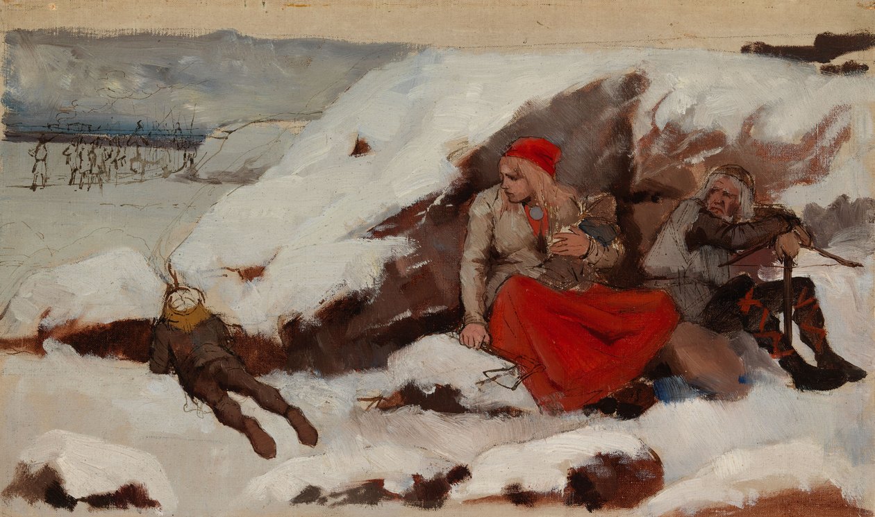 Nedbrent landsby, studie av Albert Edelfelt