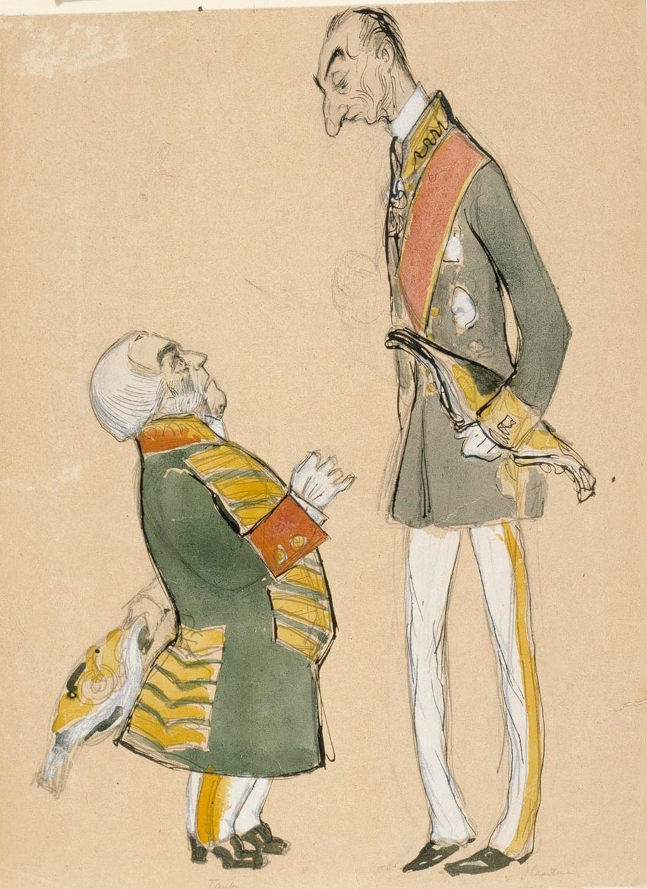 Karikatur av von Haartman, adelens formann, og baron Taube av Albert Edelfelt