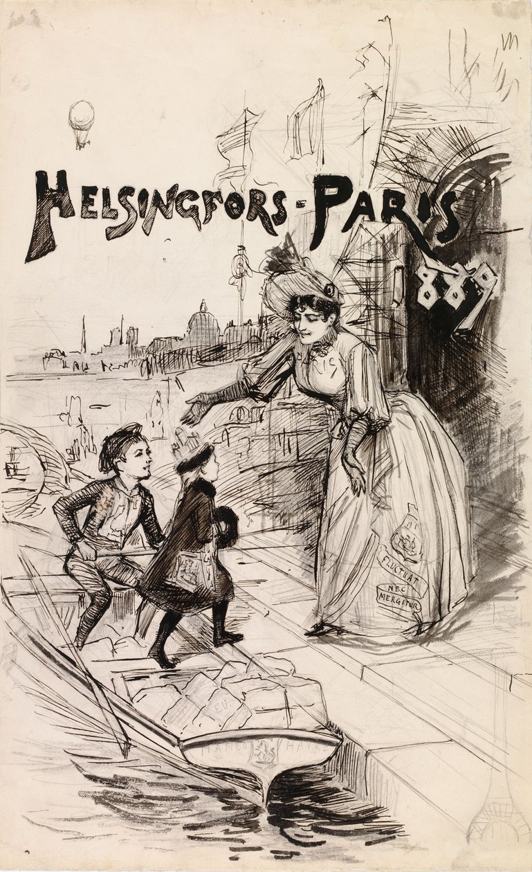 Omslagsillustrasjon til kunstpublikasjonen «Helsingfors - Paris 1889» av Albert Edelfelt