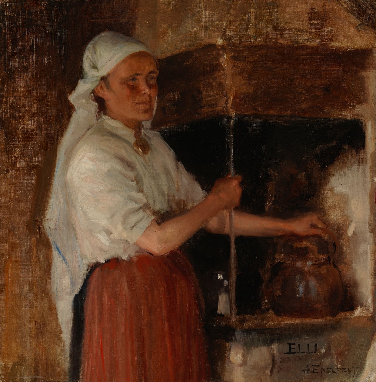 Elli Jäppinen ved komfyren, studie av Albert Edelfelt