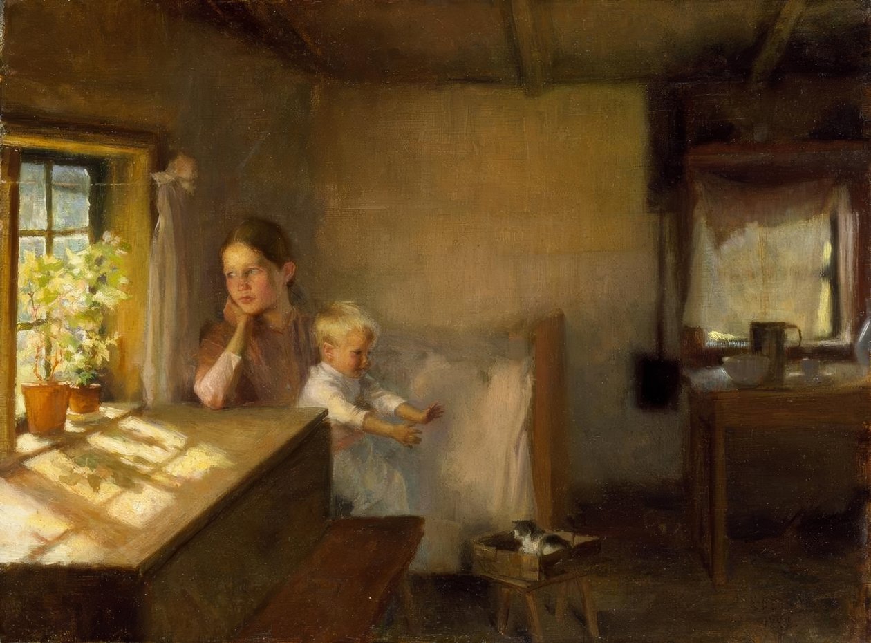 Kvinne med barn i solbelyst interiør av Albert Gustaf Aristides Edelfelt