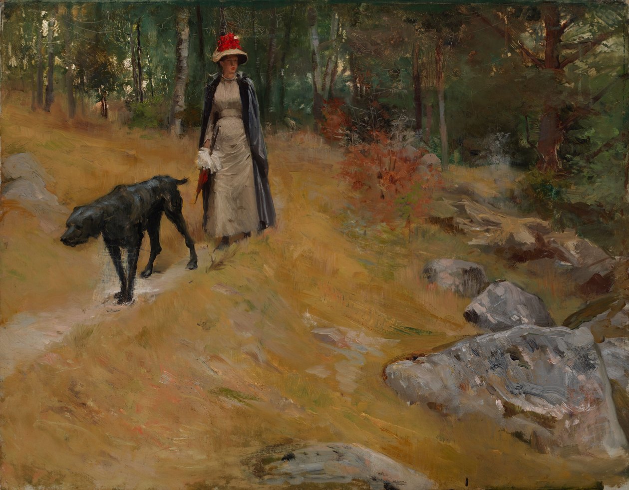 På skråningen ved bredden (Annie Edelfelt med en hund) av Albert Edelfelt