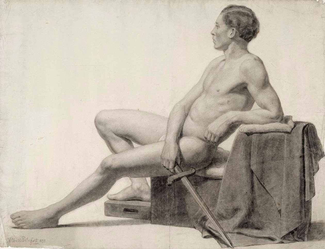 Sittende mannlig modell som holder et sverd, akademisk studie av Albert Edelfelt
