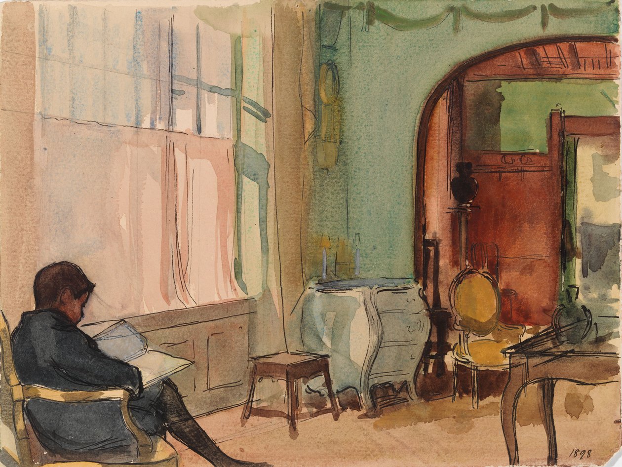 Kunstnerens sønn Erik Edelfelt leser hjemme av Albert Edelfelt