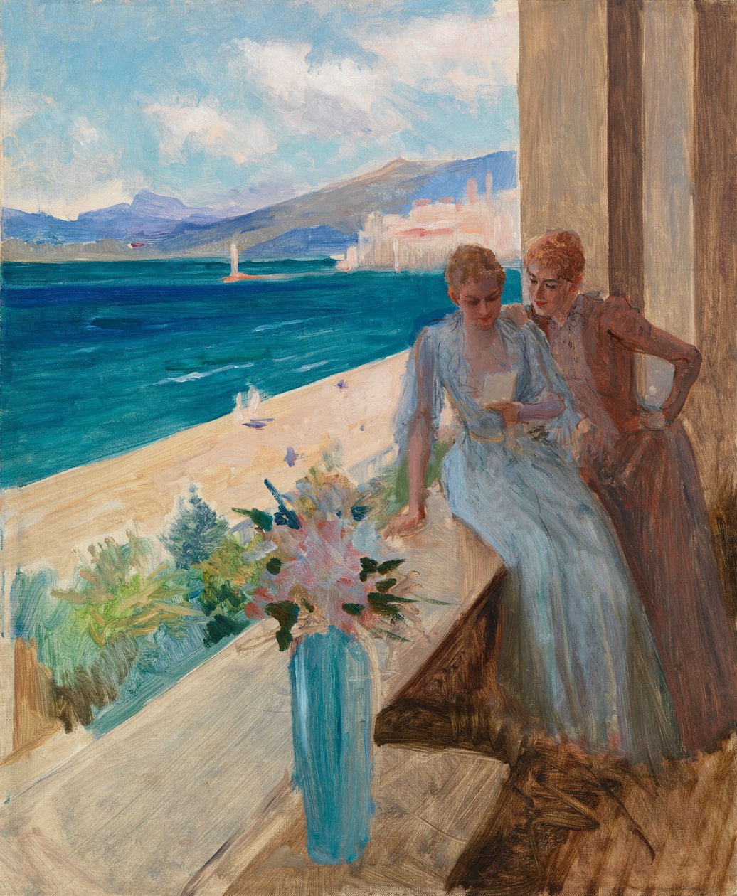 Kunstnerens kone og Emilia von Etter på en balkong i Cannes av Albert Edelfelt