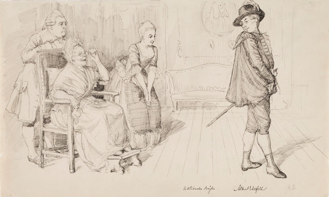 «Den nye svenske drakten», illustrasjon til Carl Snoilskys Svenska bilder, diktet «Førti år senere» av Albert Edelfelt