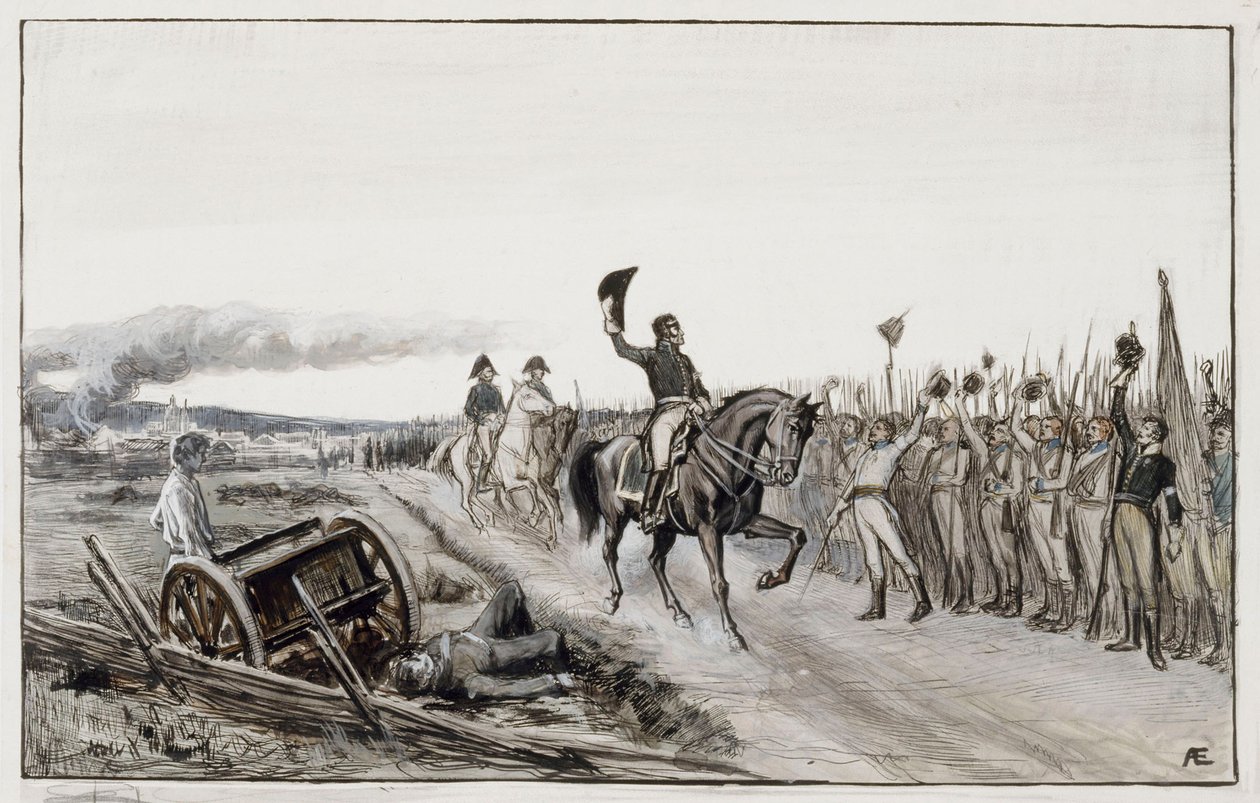 Von Döbeln hilser på troppene sine fra diktet nummer femten, «Stolt» (originaltegning til «Fortellingene om fenrik Stål») av Albert Edelfelt