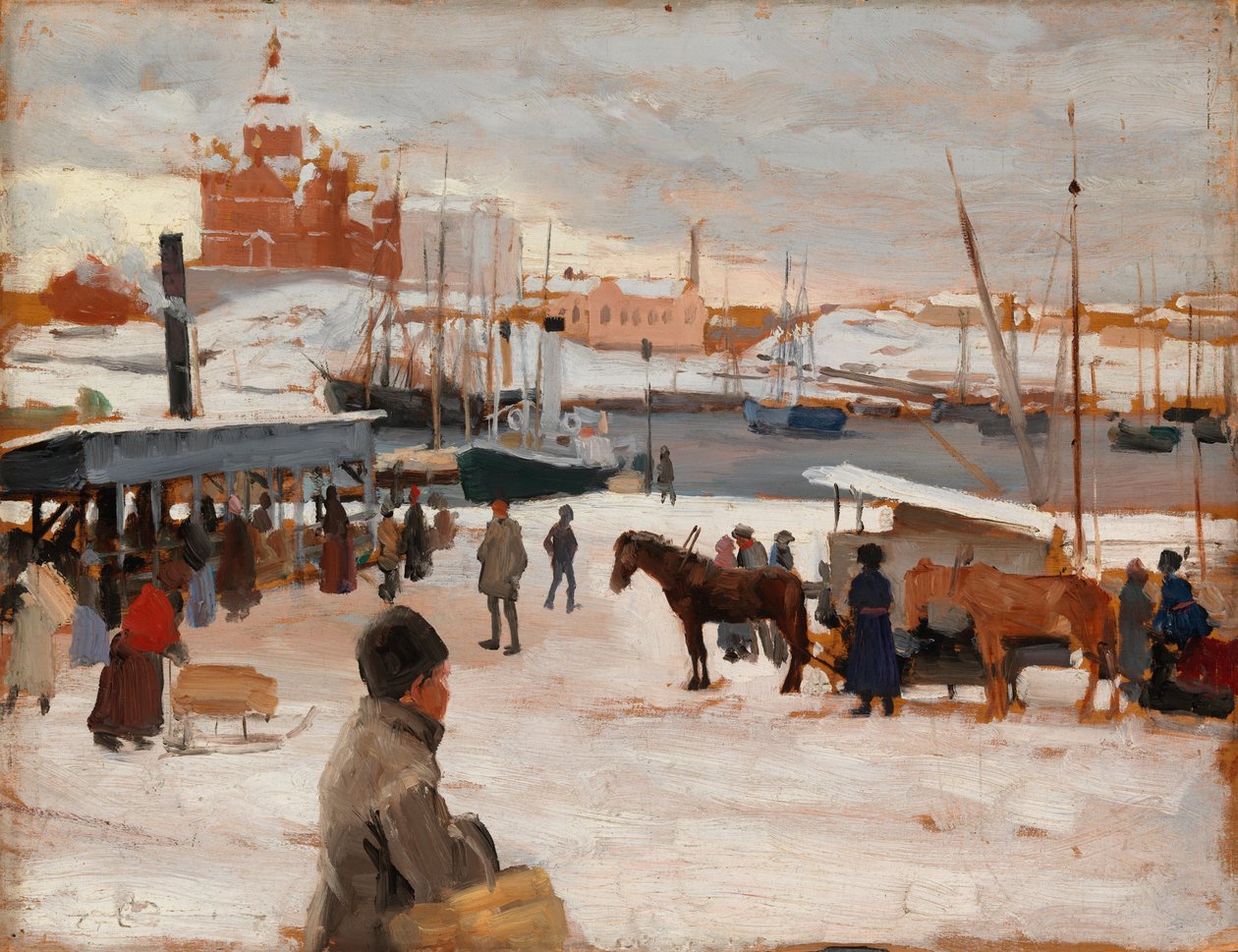 Vinterdag på Markedsplassen i Helsinki, studie; skisse til «Vinterdag på Markedsplassen i Helsinki» av Albert Edelfelt