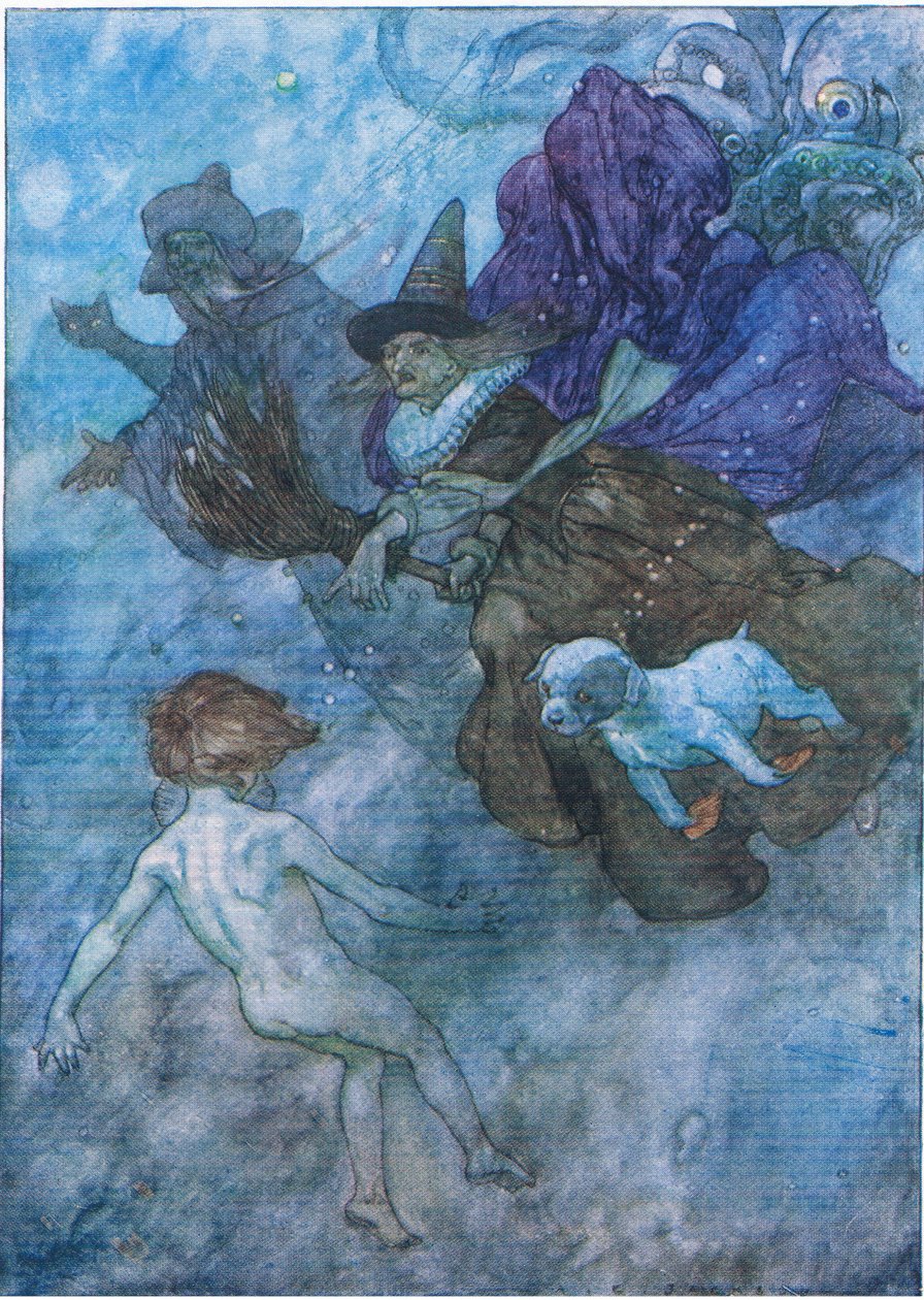 Alle rasende og skrikende på ham "se fremover, bare se fremover", fra The Water Babies pub. av Humphrey Milford Oxford University Press, ca. 1930 (farge litho) av Albert Edward Jackson