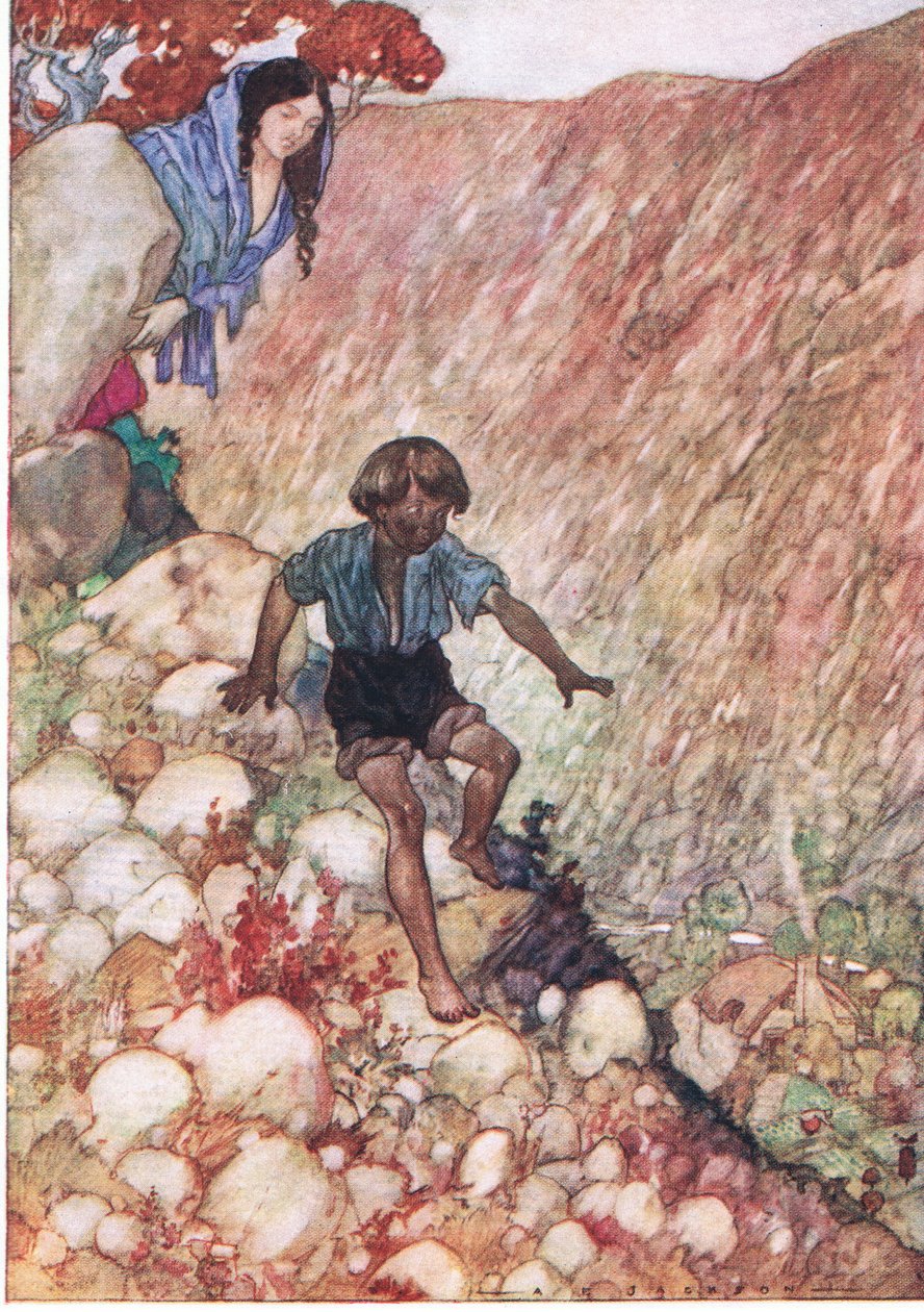 Ned gikk han som den modige lille mannen som han var, fra The Water Babies pub. av Humphrey Milford Oxford University Press, ca. 1930 (farge litho) av Albert Edward Jackson