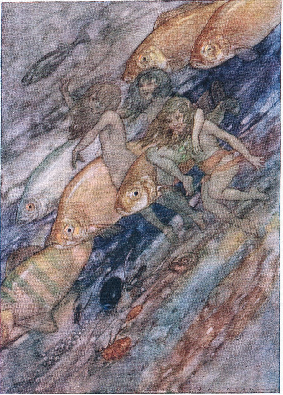 Ned til havet, ned til havet, fra The Water Babies pub. av Humphrey Milford Oxford University Press, ca. 1930 (farge litho) av Albert Edward Jackson