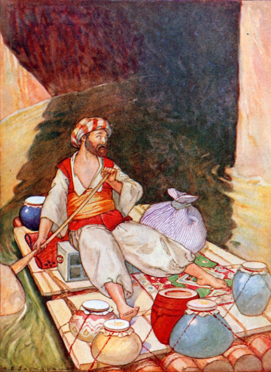 Sindbad ledet den nedover elven (fargelitografi) av Albert Edward Jackson