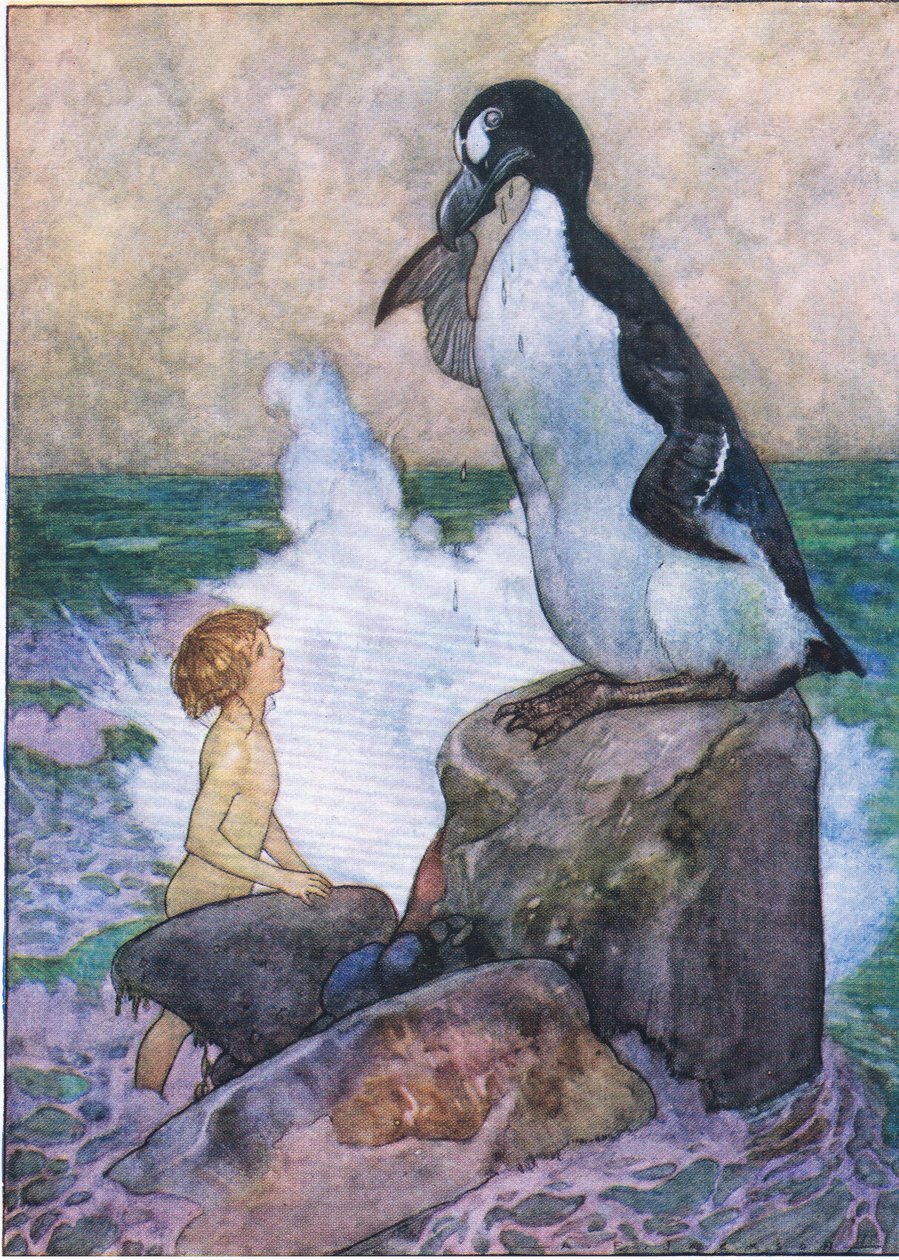 Den stakkars olven Garfowl begynte å gråte tårer av ren olje, fra The Water Babies pub. av Humphrey Milford Oxford University Press, ca. 1930 (farge litho) av Albert Edward Jackson