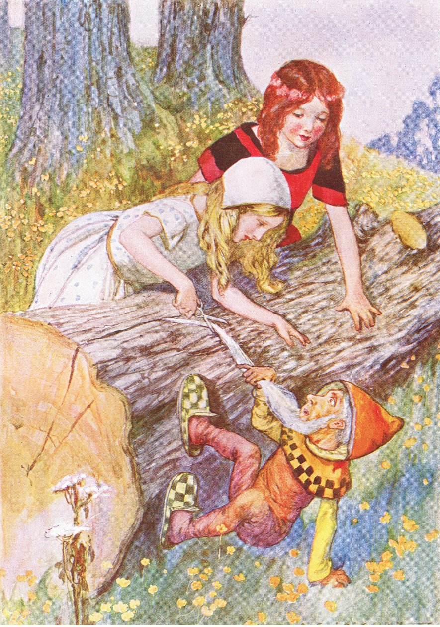 Veldig forsiktig klippet hun det myke hvite skjegget (fra historien Snow White and Rose-Red), illustrasjon fra A Staircase of Stories utgitt av Thomas Nelson & Sons Ltd 1940-tallet (farge litho) av Albert Edward Jackson