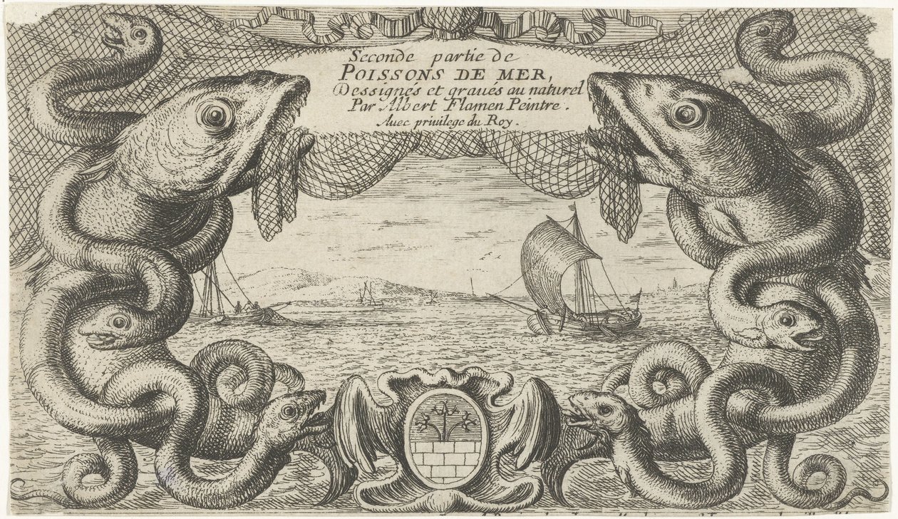 Havlandskap med kant av sjødyr og et fiskenett Fisk og andre sjødyr - saltvanns andre serie (serietittel) Poissons de mer (serietittel på objekt) av Albert Flamen