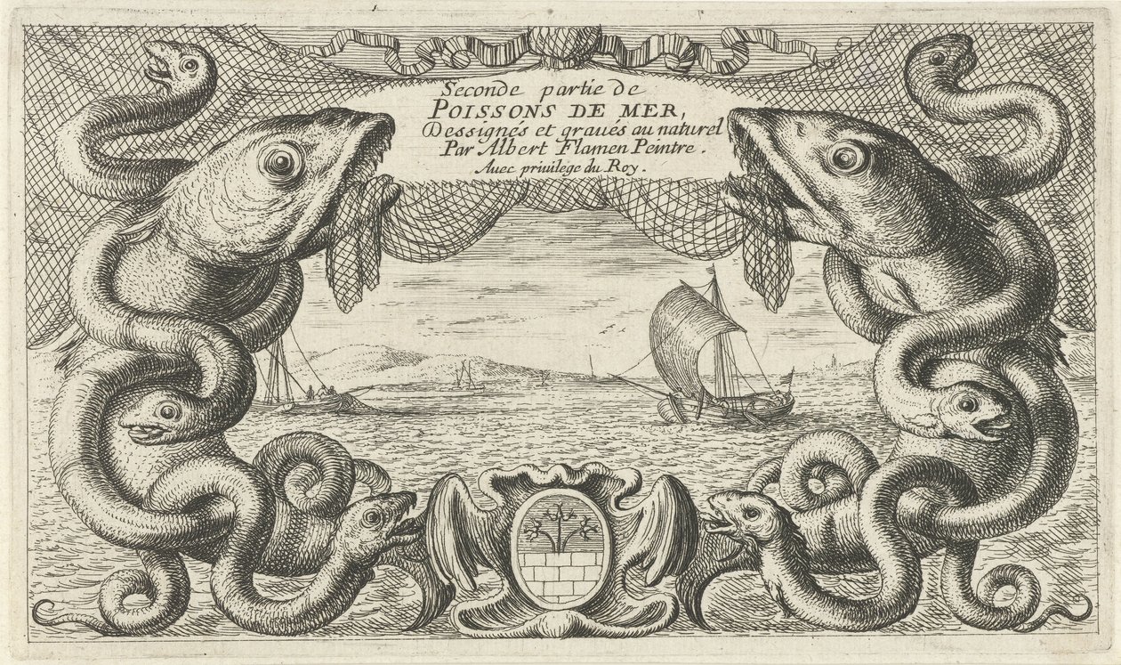 Havlandskap med kant av sjødyr og et fiskenett Fisk og andre sjødyr - saltvanns andre serie (serietittel) Poissons de mer (serietittel på objekt) av Albert Flamen