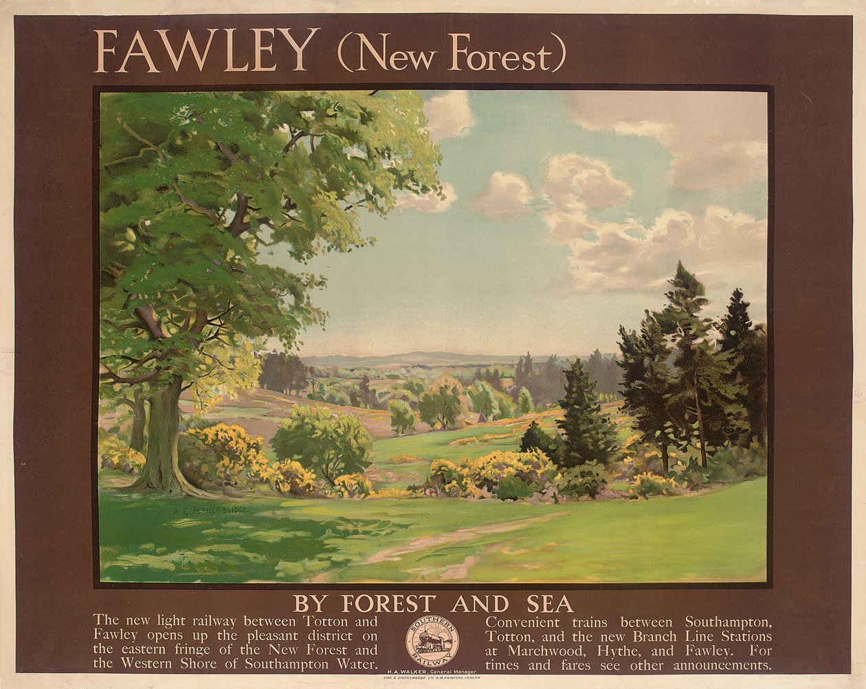 Fawley (New Forest), plakat som annonserer Southern Railway (farge litho) av Albert George Petherbridge