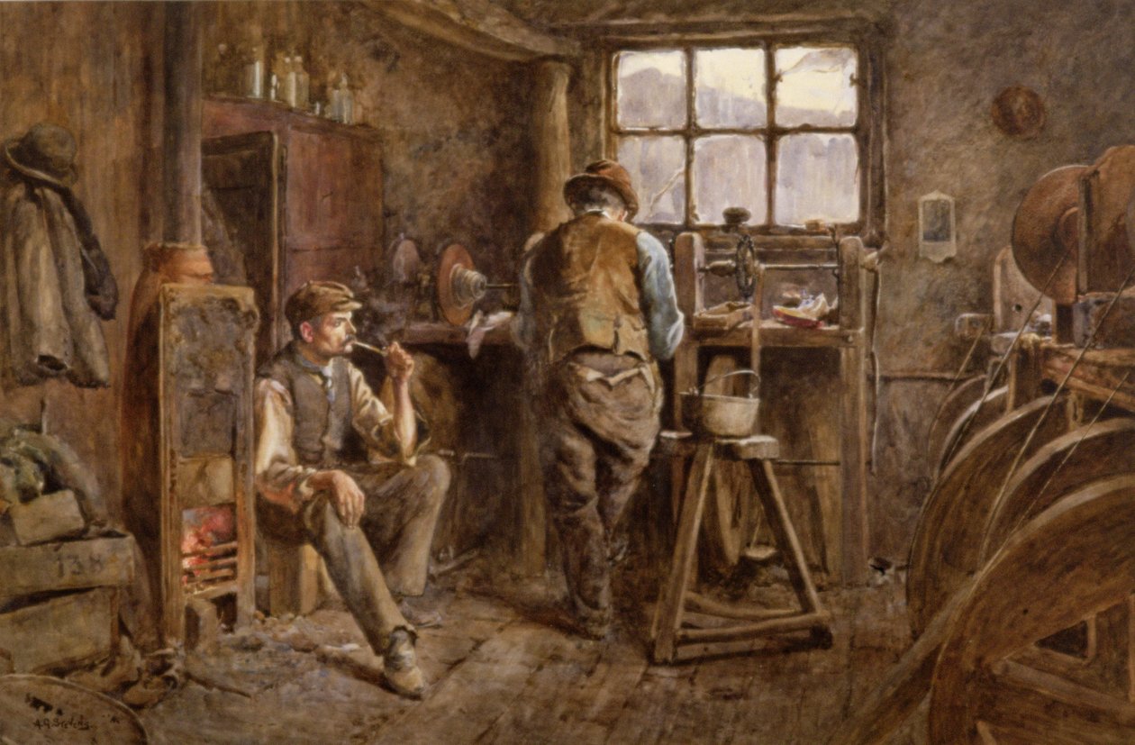 A Jet Workshop, Whitby (akvarell på papir) av Albert George Stevens