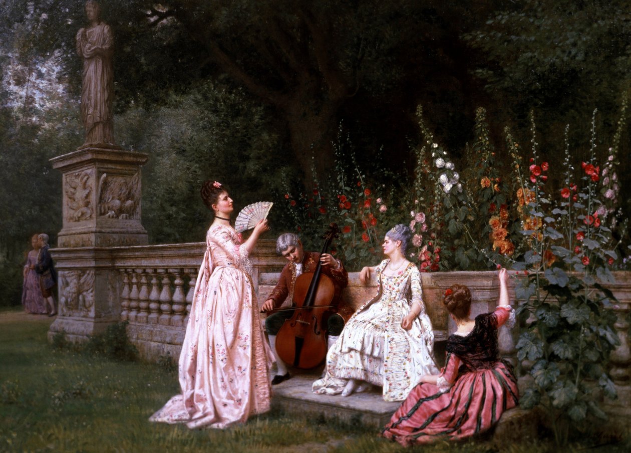 Samtale i hagen. Tre kvinner nær en balustrade lytter til musikken til en cellist mens et par prater sammen (forføring) bakerst i hagen. Maleri av Albert Girard (1839–1920 fransk) Privat samling av Albert Girard